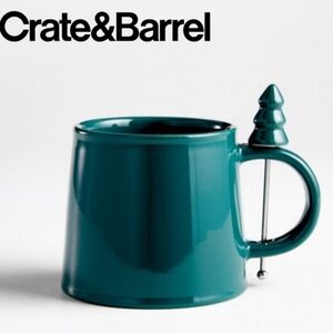 Crate & Barrel Green Sparrow Mug with Christmas Tree Stirrer